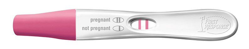 Positive pregnancy test with two pink lines.