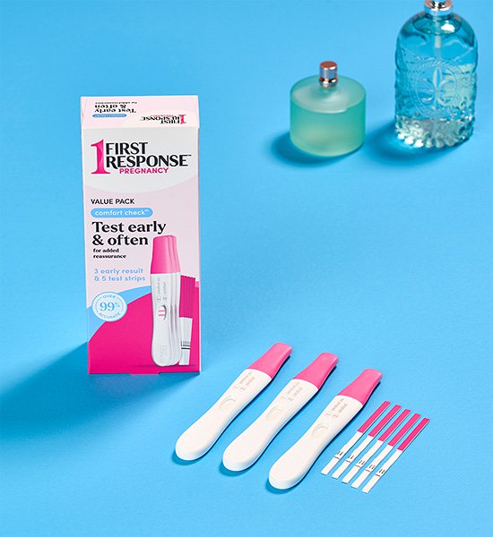 First Response Comfort Check Pregnancy Test sticks and strips.